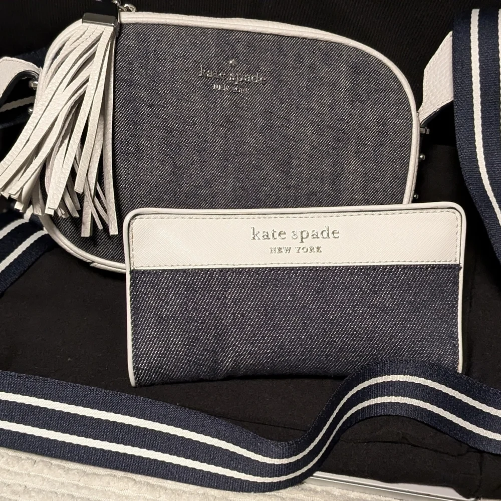 Kate Spade NEW Cameron Denim Colorblock Crossbody camera & Large Slim Wallet Set